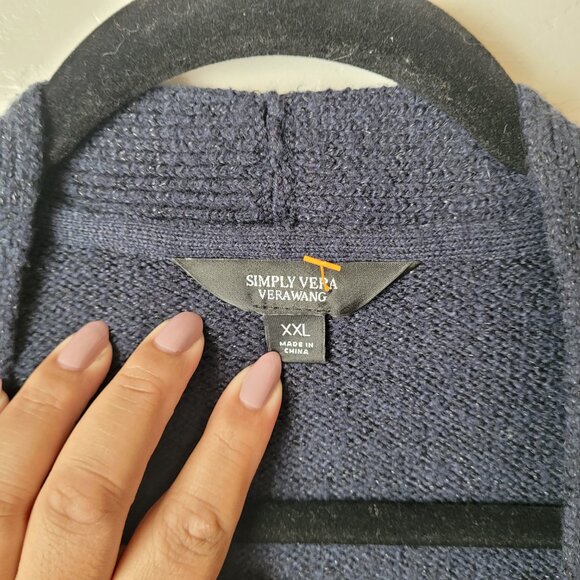 Simply Vera Wang Dark Blue Fur Trim Oversized Knit Cardigan - Picture 8 of 8